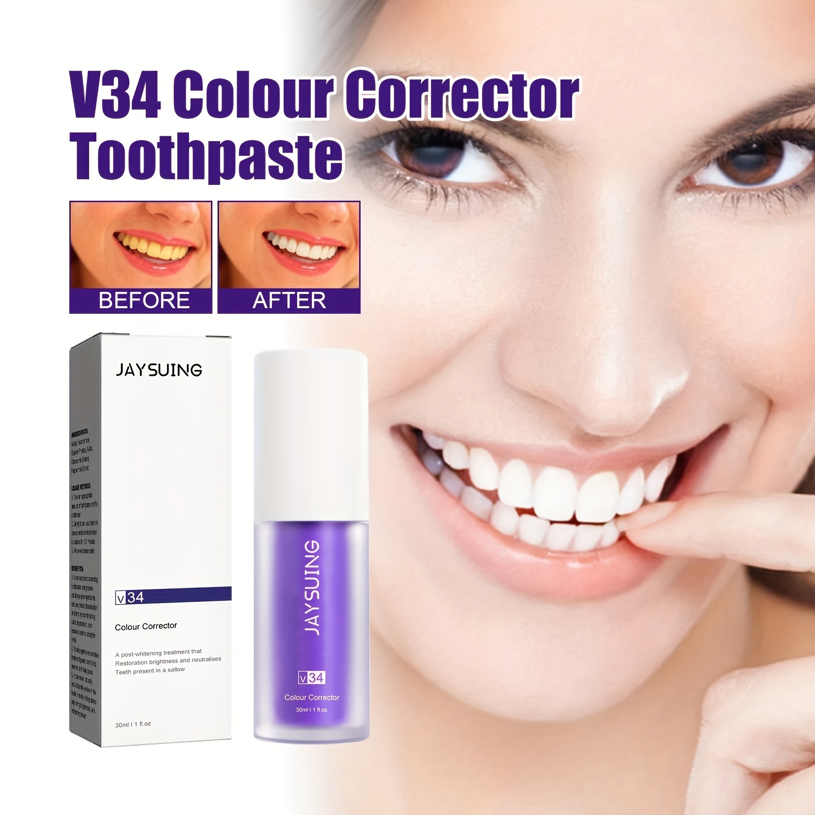 30ml Purple Color Corrector Toothpaste For Teeth Whitening Fresh Breath Teeth Whitening Mousse Deeply Cleaning Teeth Whitener Stain Removal At Home...