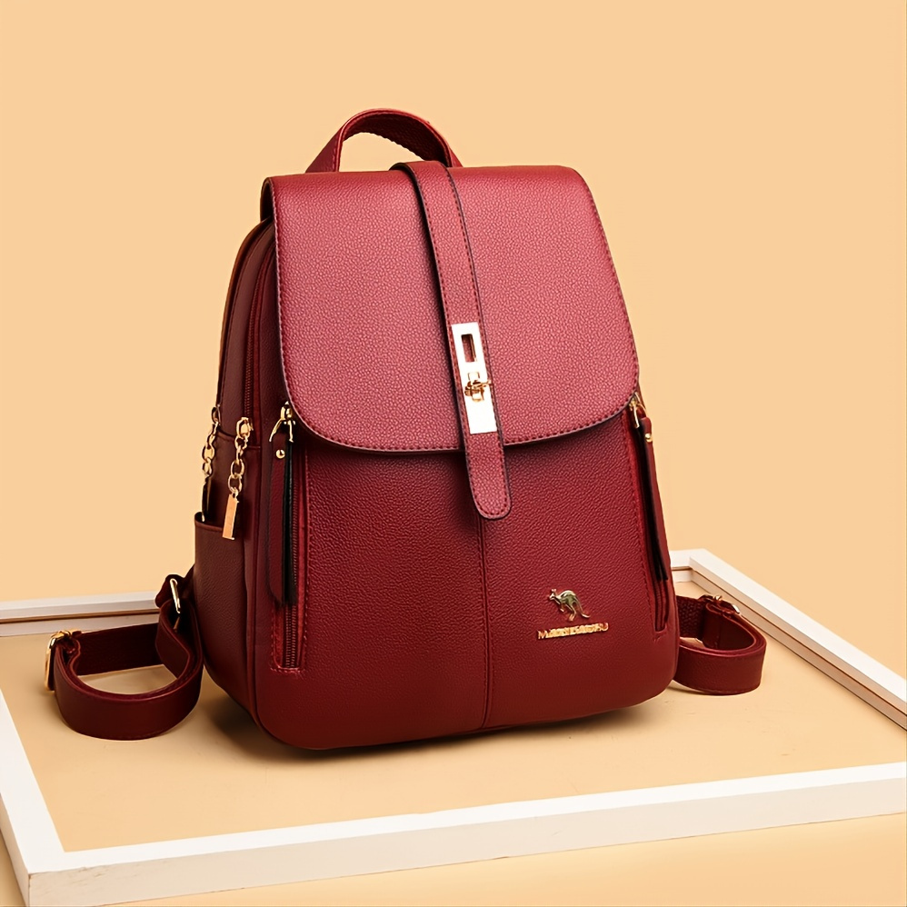 Women Large Capacity Backpack Solid Color Buckle Decor Bag For Outdoor Travel